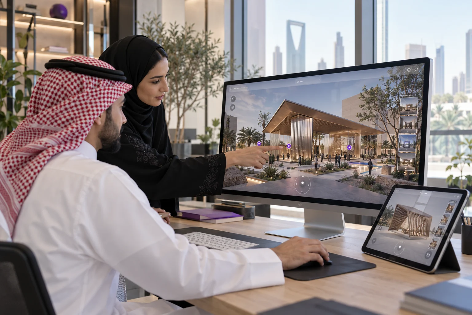 مصممان يراجعان تجربة ويب تفاعلية تعرض نموذجًا معماريًا ثلاثي الأبعاد على شاشة وجهاز لوحي