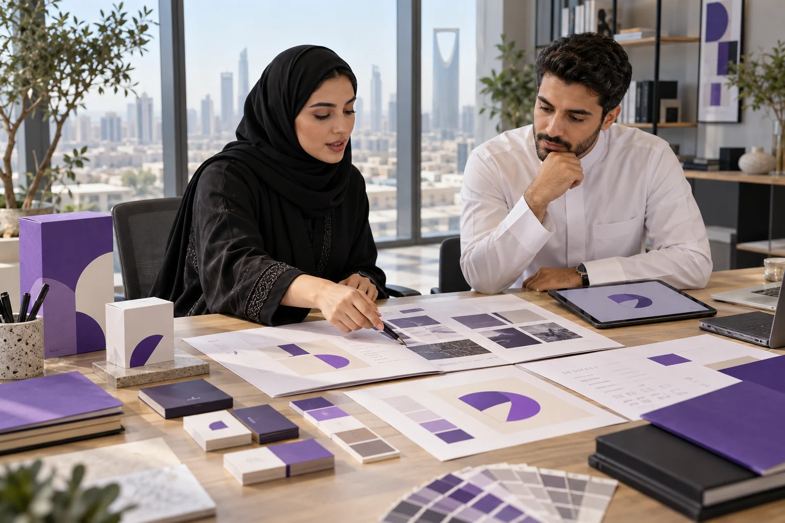 Design team reviewing brand guidelines, stationery and coordinated packaging