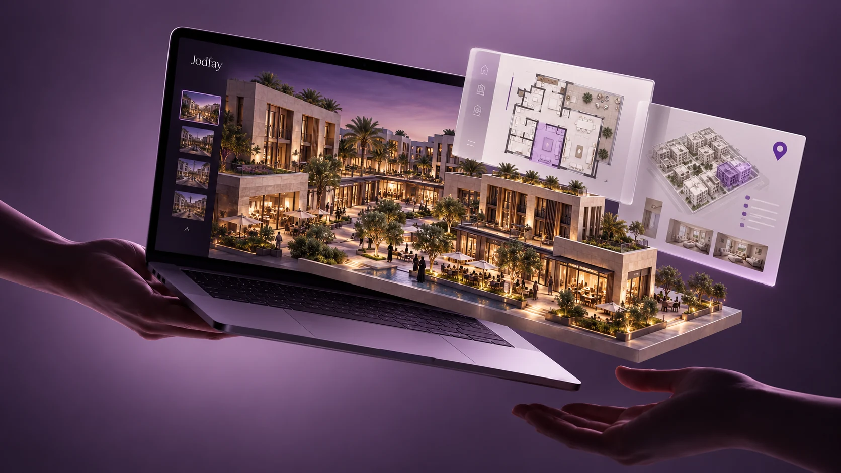 Architectural marketing concept for a property development with a scale model, floor plans and unit exploration interfaces