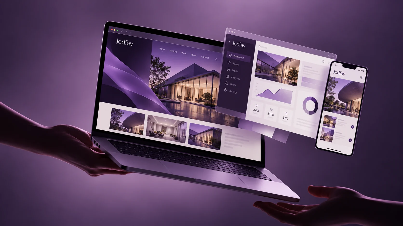 Marketing concept for websites and digital platforms on a laptop with responsive interfaces